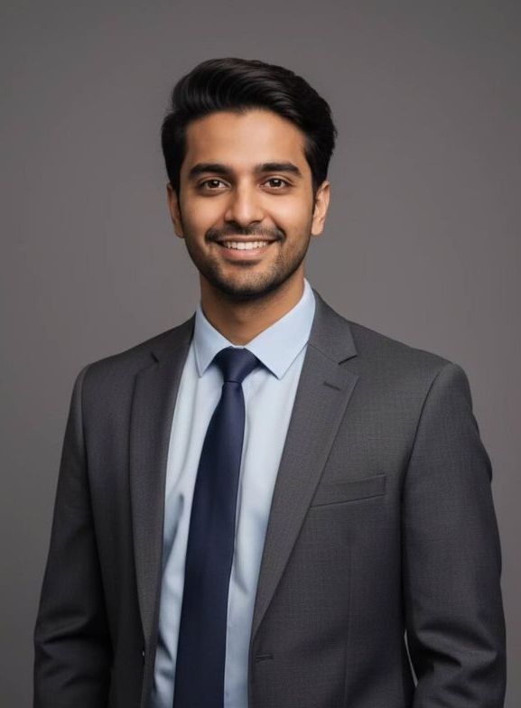 A smiling person with curly hair sits at a desk, looking at a laptop against a dark background.