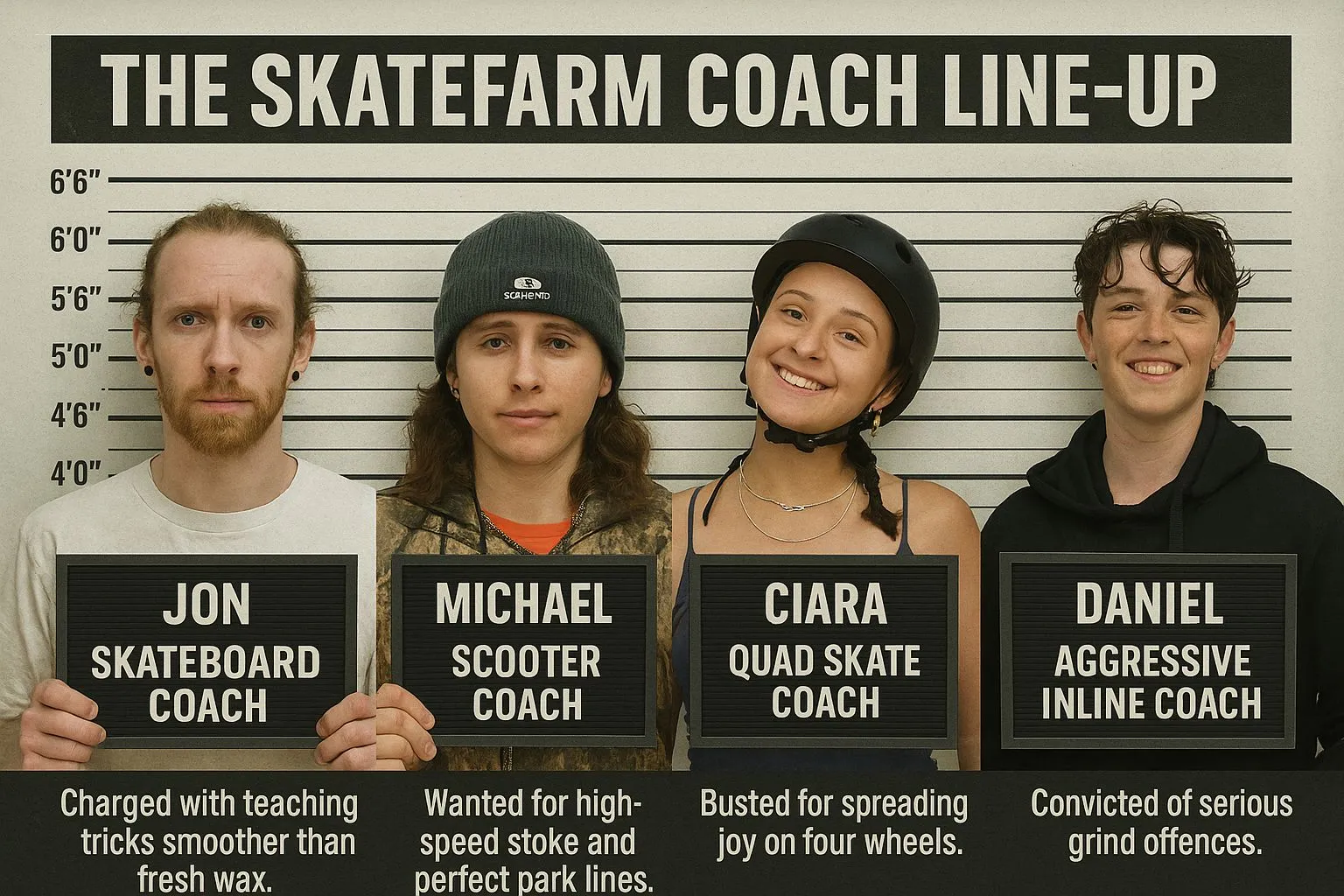A group of adults and children stands together, smiling, at the Skate Farm