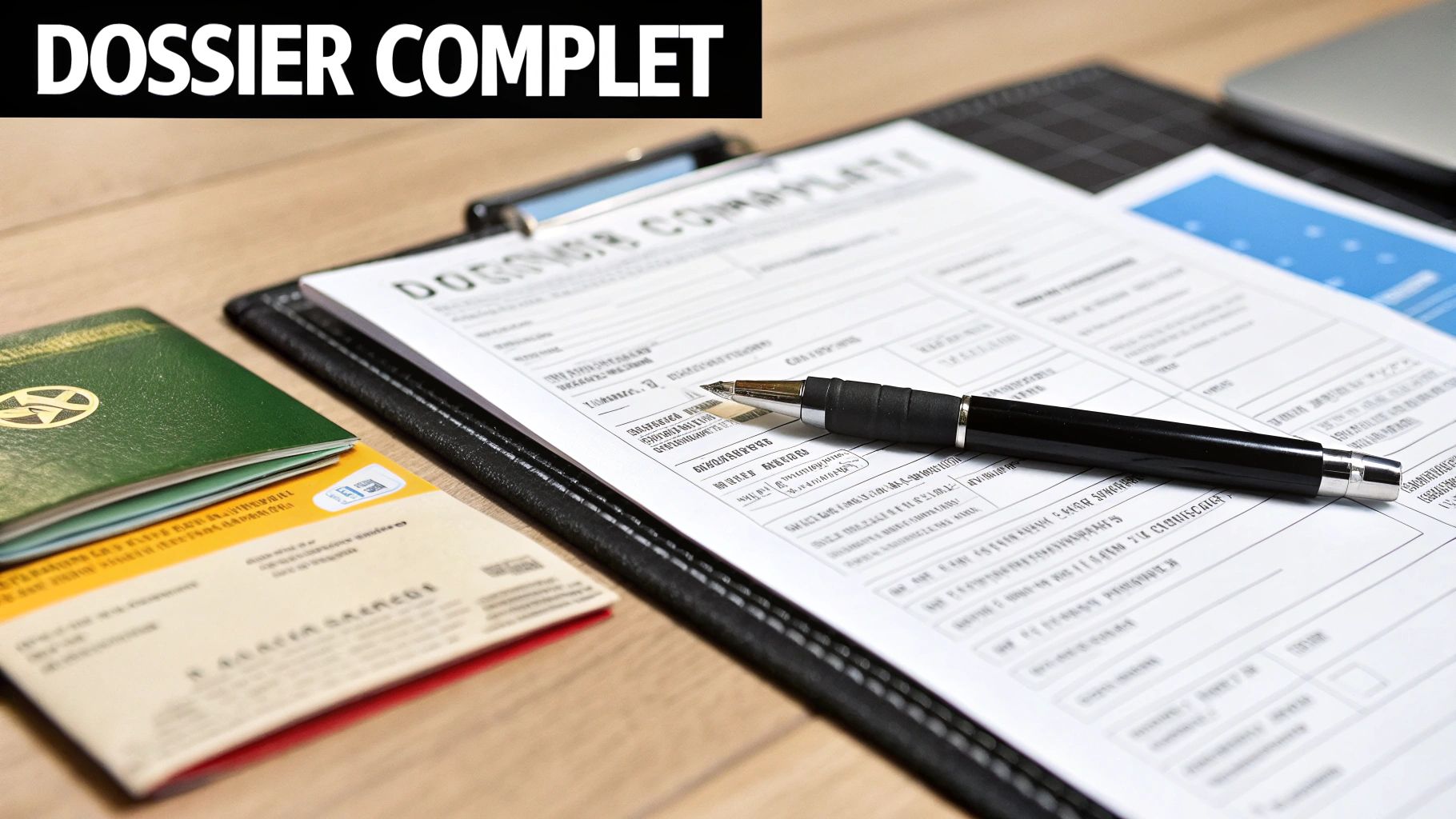 Image montrant un dossier complet avec des formulaires, un stylo, un passeport et d'autres documents administratifs.