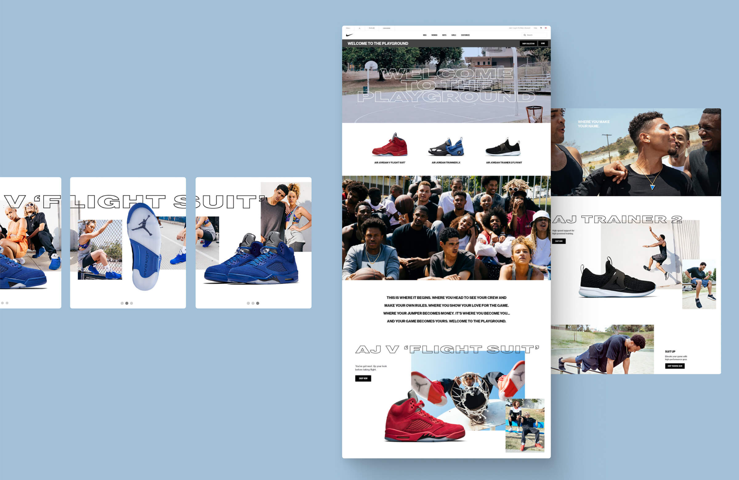 Several screens of the Jordan site with content from the Playground seasonal campaign