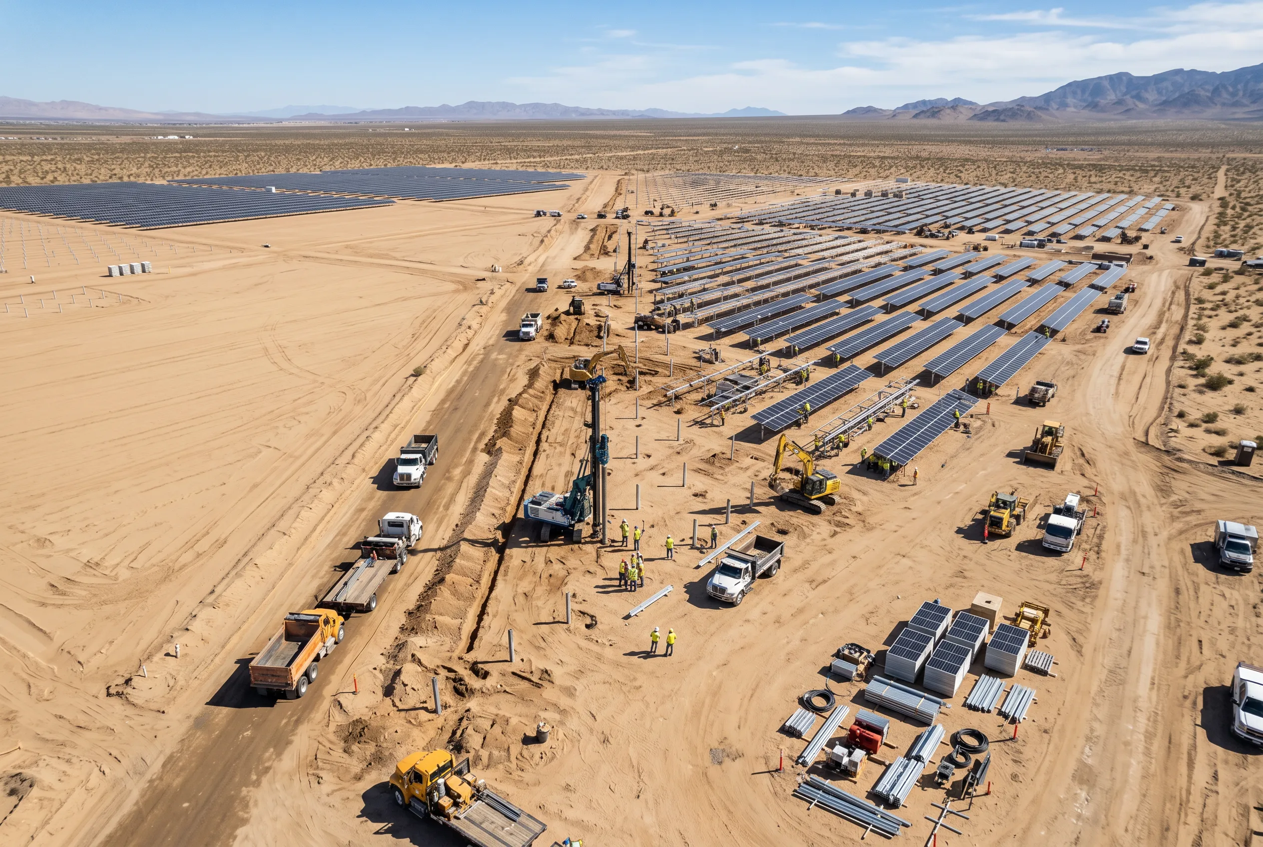 Aerial view of a large utility-scale solar farm under construction, with long rows of solar panels stretching across a desert landscape and construction vehicles and workers visible between the arrays at sunset.