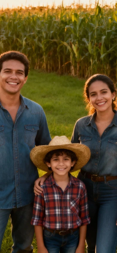 Imagem de uma familia de produtores feliz