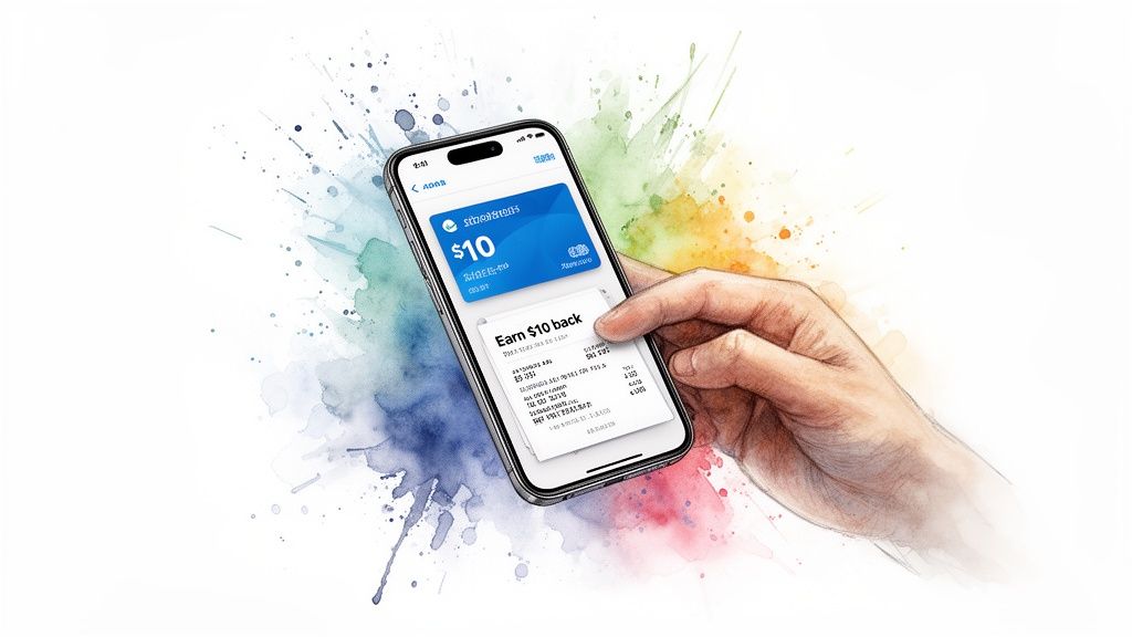 Illustration of a hand using a smartphone with a financial reward app, on a vibrant watercolor splash.