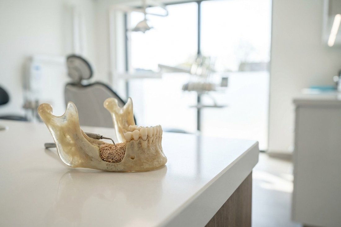 Jaw model illustrating a bone graft site being prepared for a dental implant