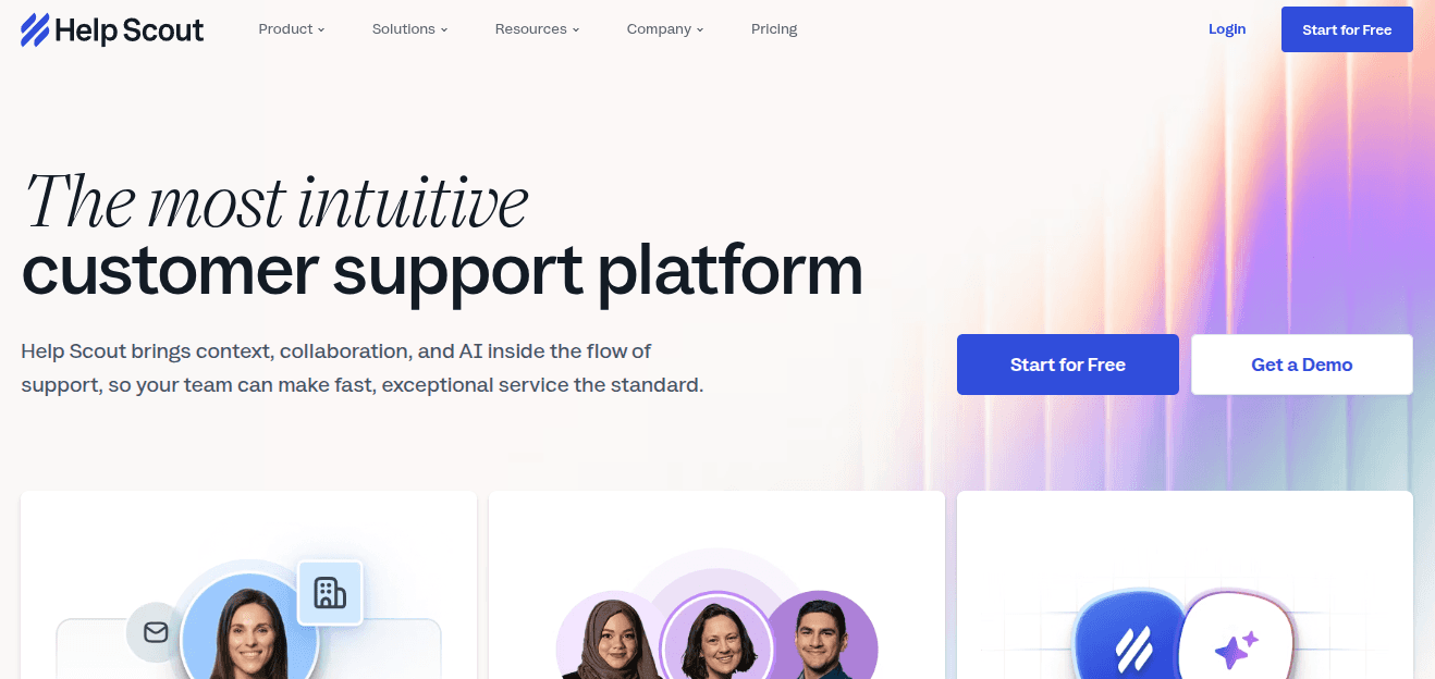 Help Scout homepage showing the most intuitive customer support platform with AI, collaboration, and context features