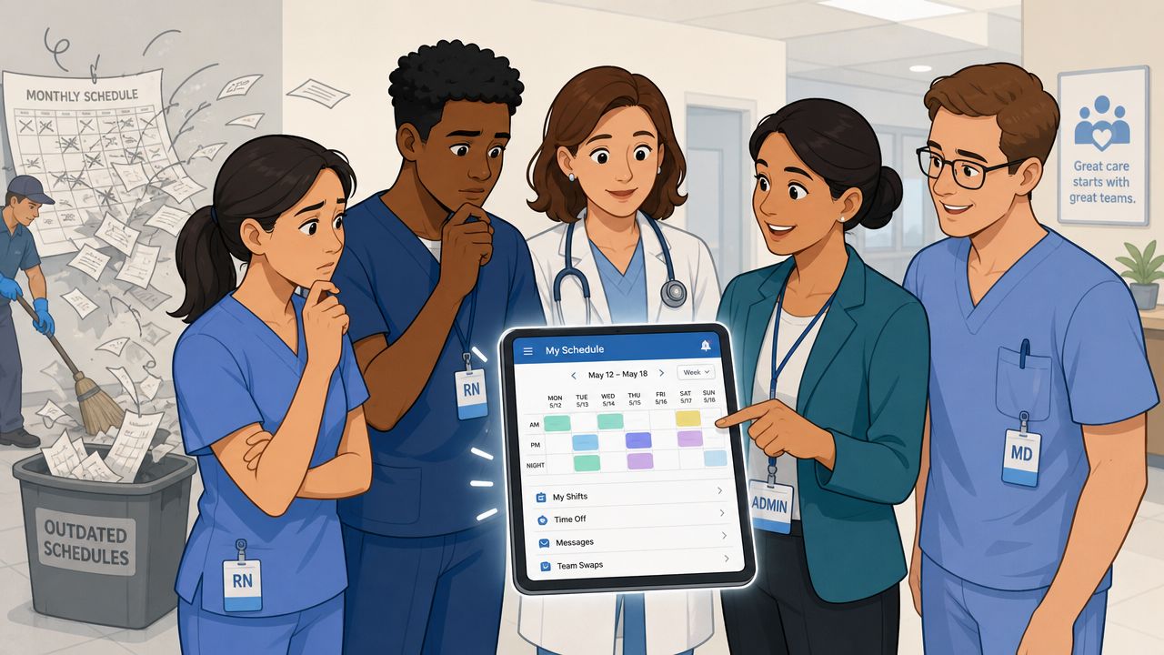 A diverse team of hospital staff looking at a digital scheduling app on a tablet screen together.