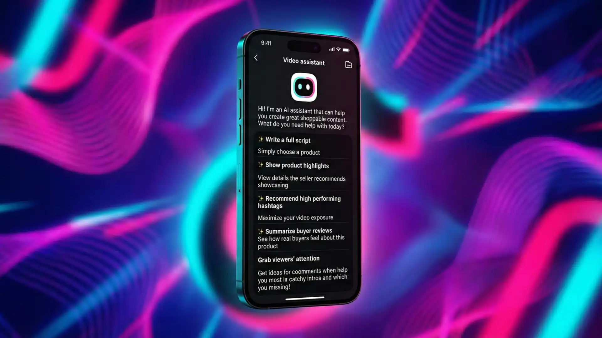 TikTok Video Assistant interface displaying AI script generation features including product highlights, hashtags, and buyer review summarization tools