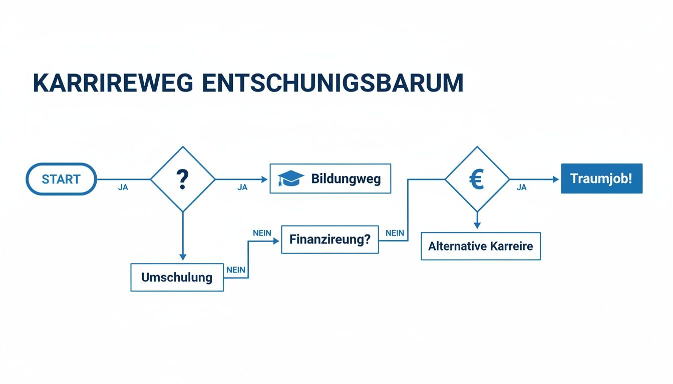 Flussdiagramm zum Karriereweg, das Entscheidungen über Bildung, Umschulung und Finanzierung bis zum Traumjob oder einer Alternative darstellt.