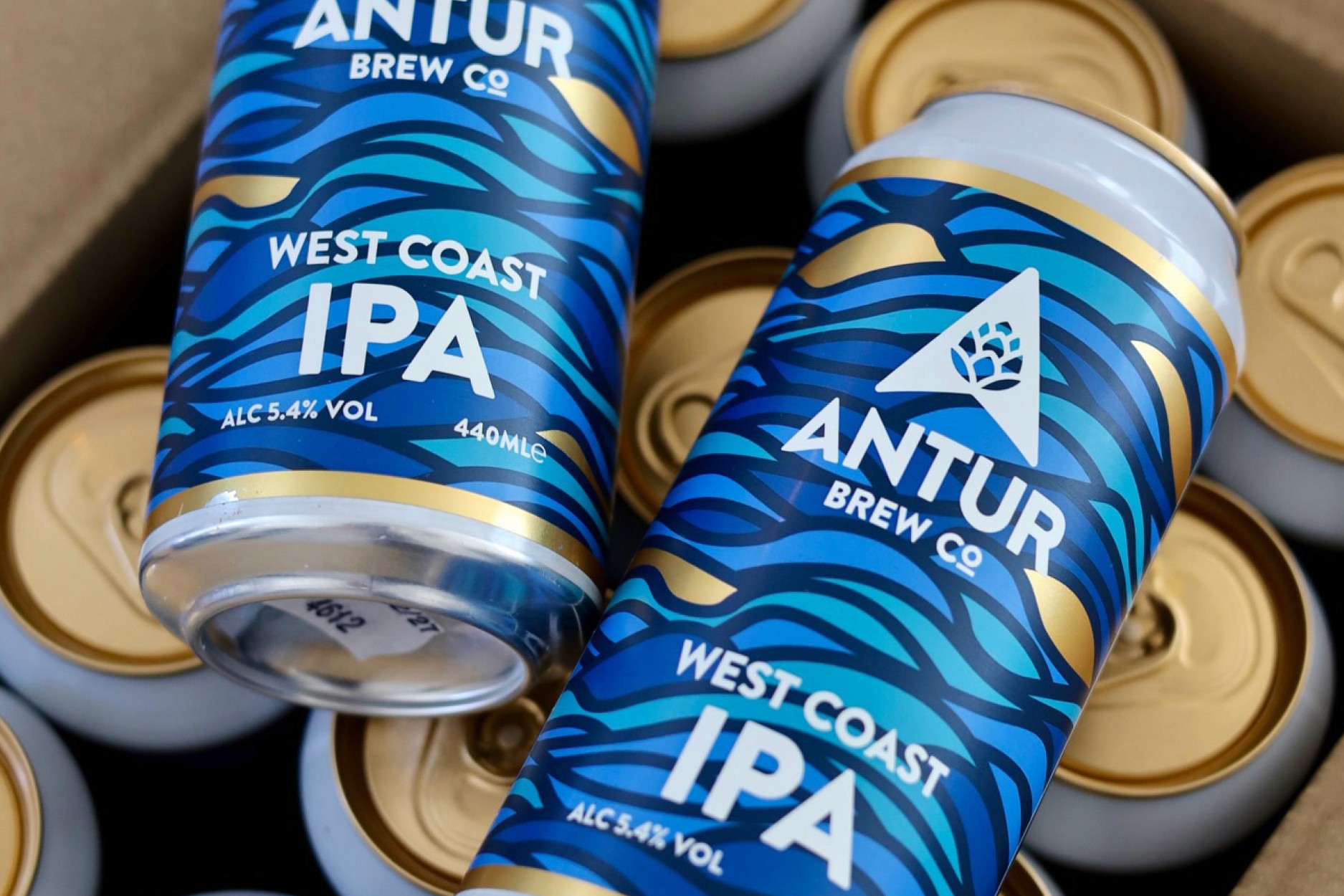 Lineup of five Antur Brew Co beer cans featuring New England IPA, Helles Lager, Session Pale Ale, New Altbier, and Black IPA.