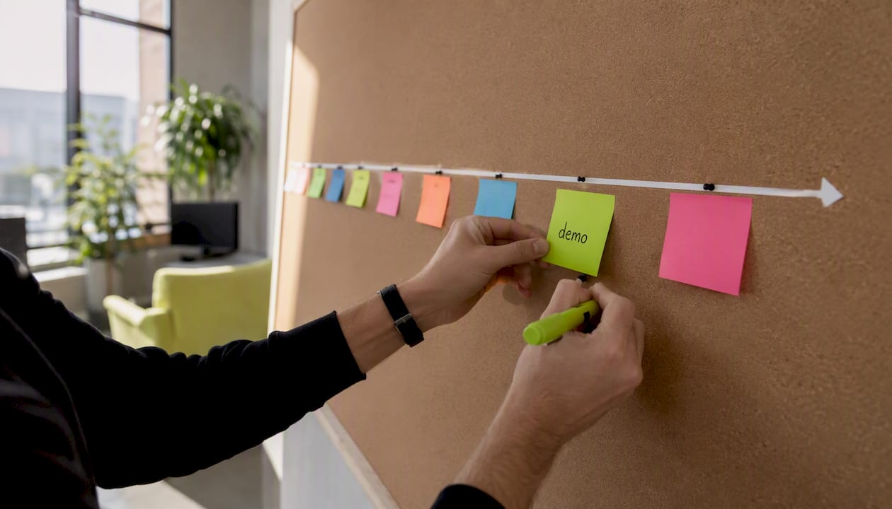 Hands placing sticky note on sales cycle timeline