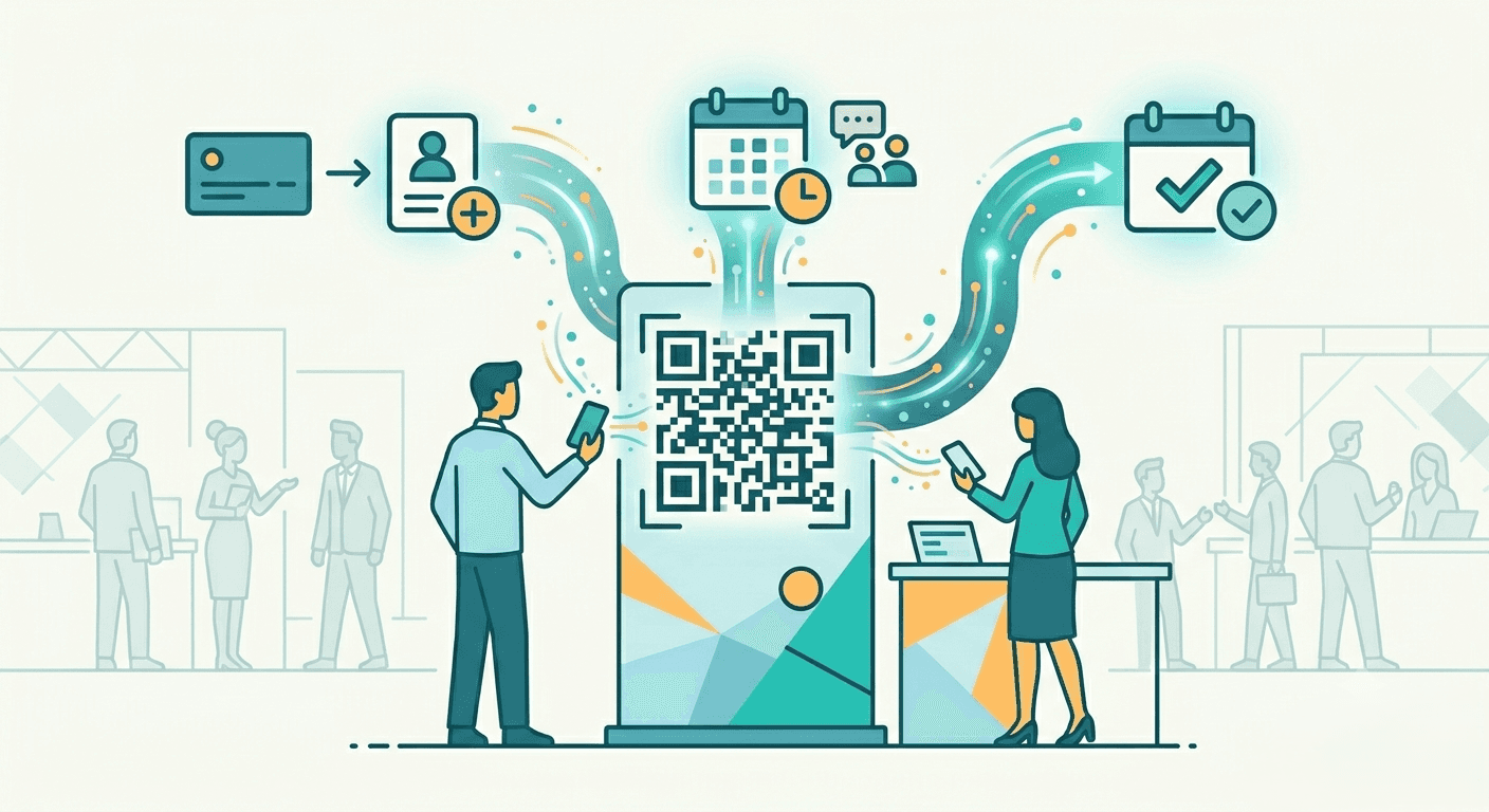 Habsy transforming a scanned business card into a confirmed calendar meeting through a streamlined digital workflow.