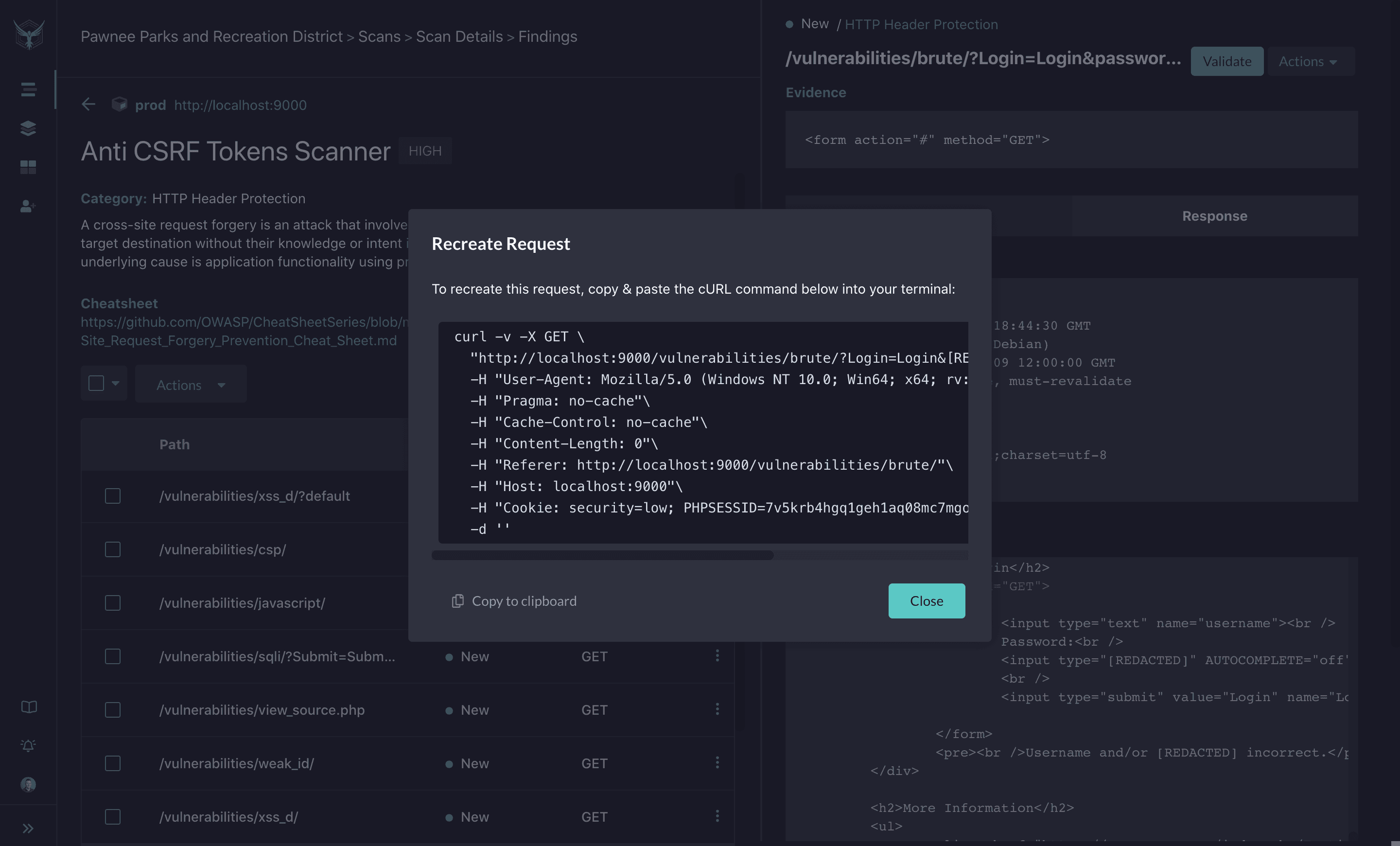 StackHawk Validate Finding dialog showing a generated curl command for reproducing the selected request