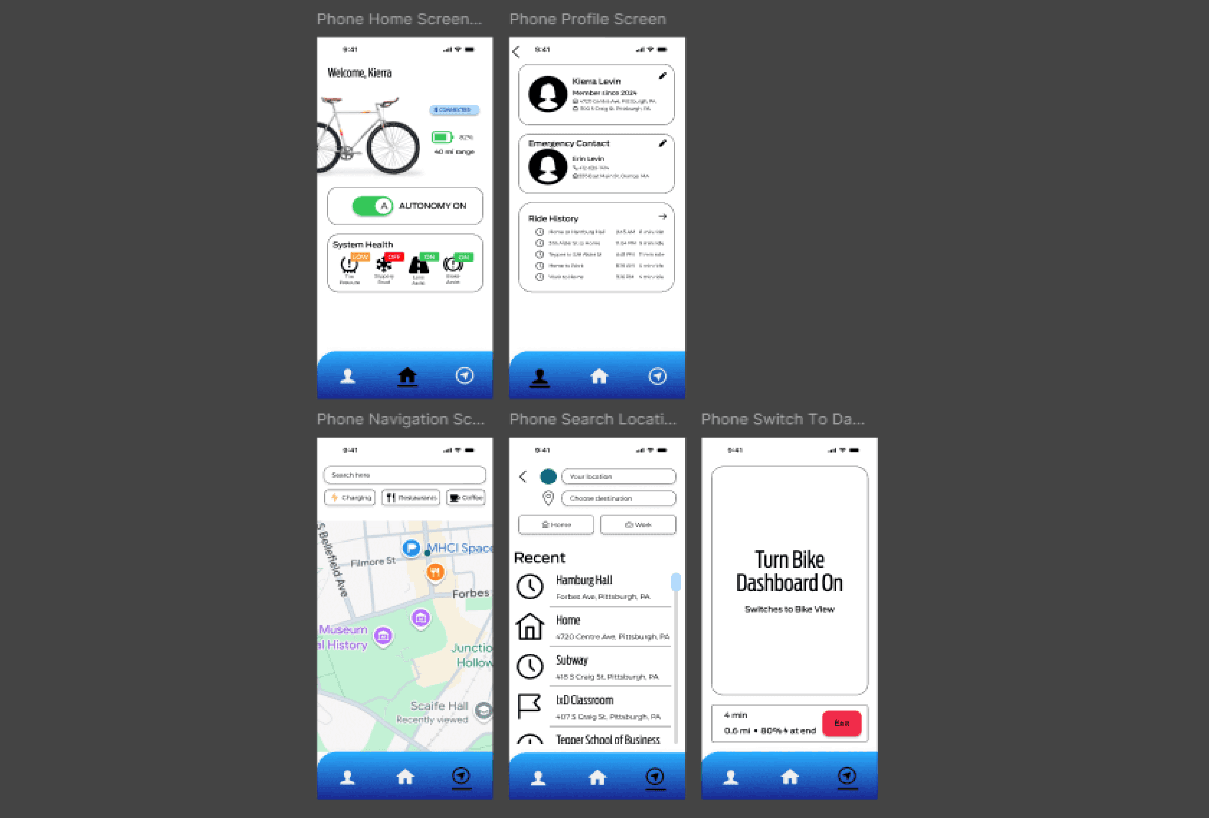 5 screens of EZ Bike mobile app -- home, profile, navigation, search navigation, and switching from app to dashboard.