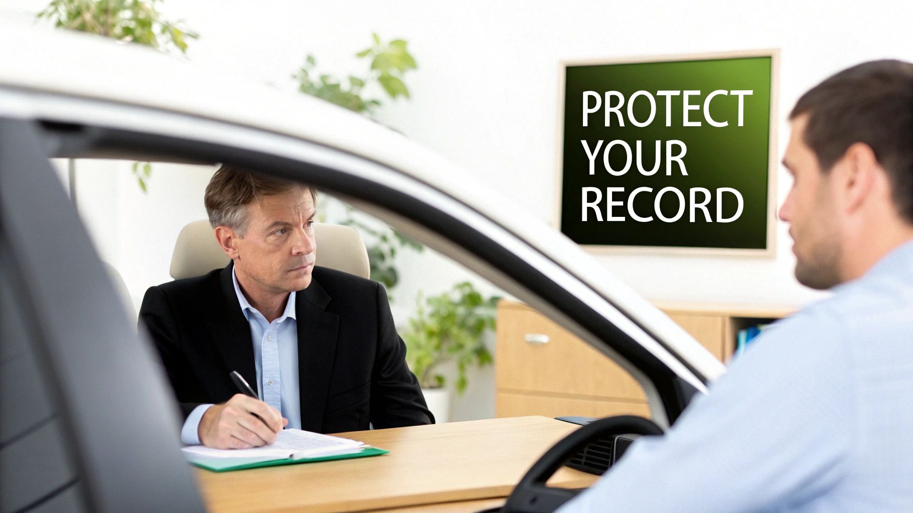 An attorney discussing a traffic ticket with a client in a professional office setting.
