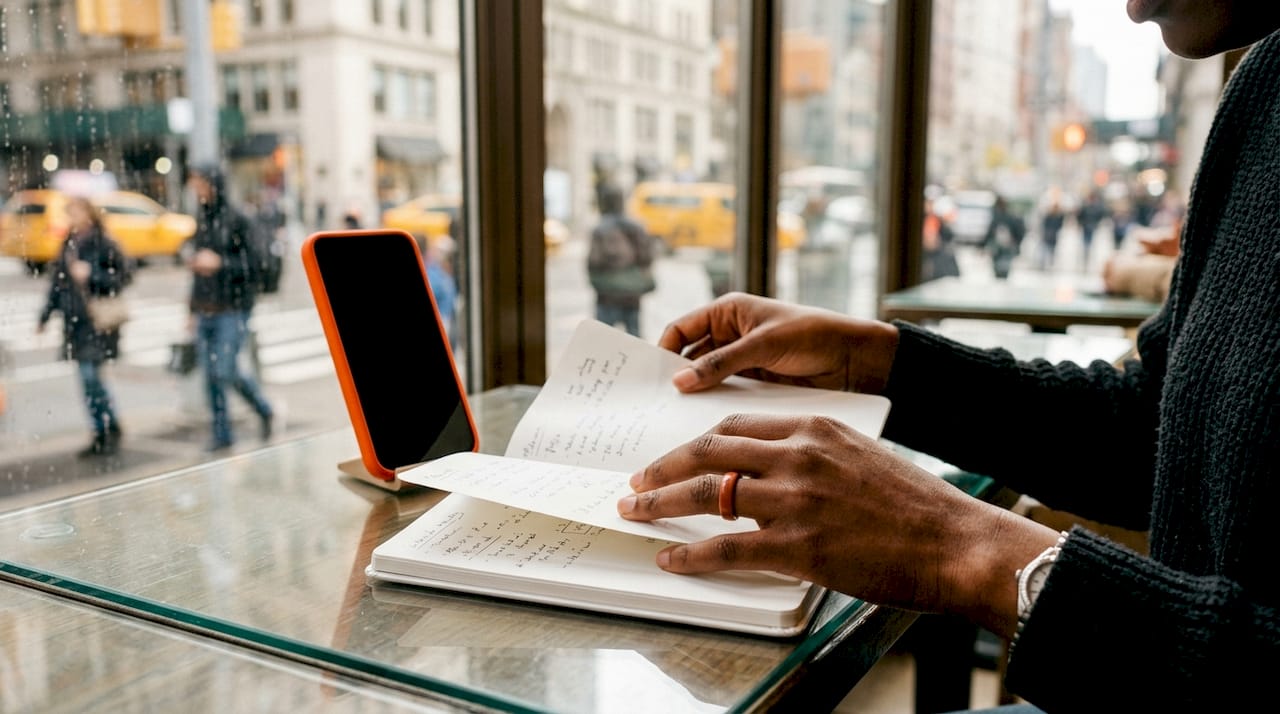 Hands with subscription pricing notes on conference table
