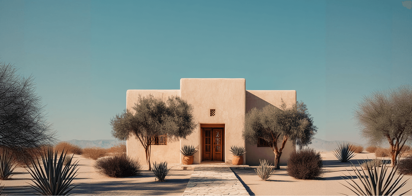 A desert house with a door surrounded by sparse trees under a clear blue sky.