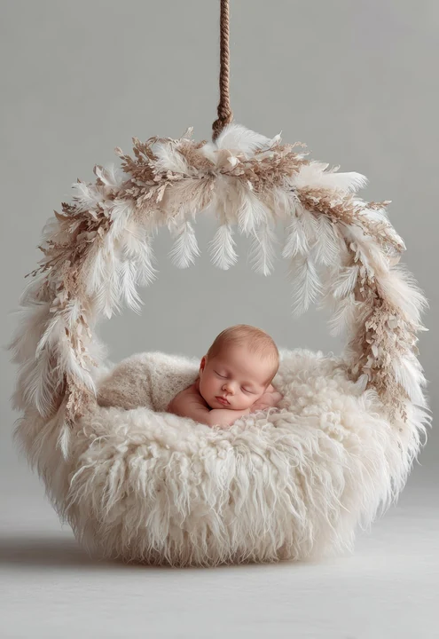 Sleeping newborn resting inside a feathered circular basket