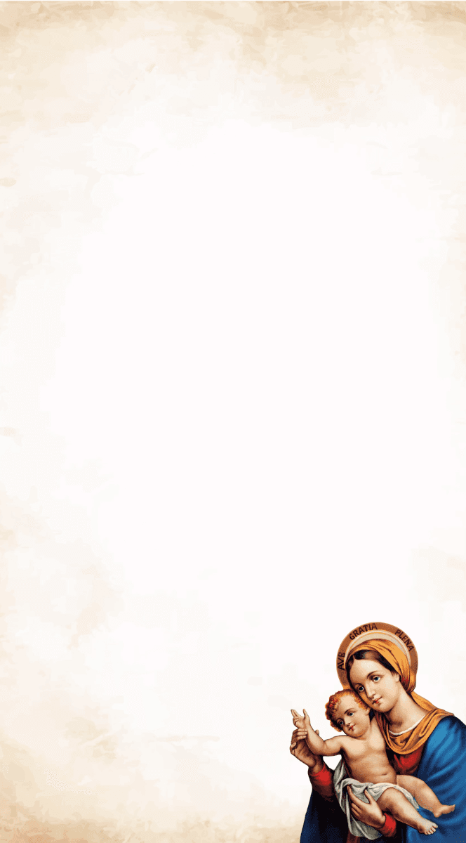 Classical religious painting of the Virgin Mary holding infant Jesus, featuring a golden halo inscribed with “Ave Gratia Plena.” Mary wears a blue mantle and golden headscarf, symbolizing purity and divine grace. The child Jesus, wrapped in white cloth, raises a hand in blessing. This Christian artwork reflects maternal love, sacred iconography, and Marian devotion. Often associated with the Sisters of Our Lady of the Garden, whose emblem symbolizes charity, service, and spiritual growth.