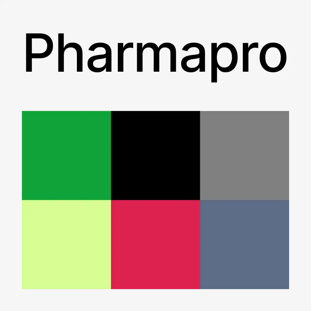 Pharmapro brand color palette with green black red and neutral tones