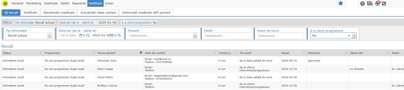 Interfața dROOT pentru gestionarea ReCall-urilor, atenționărilor medicale și informațiilor despre pacienți