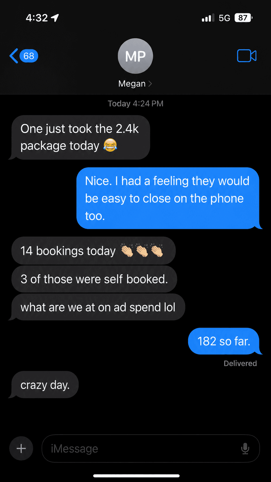 Message from a clinic reporting 14 bookings in a single day