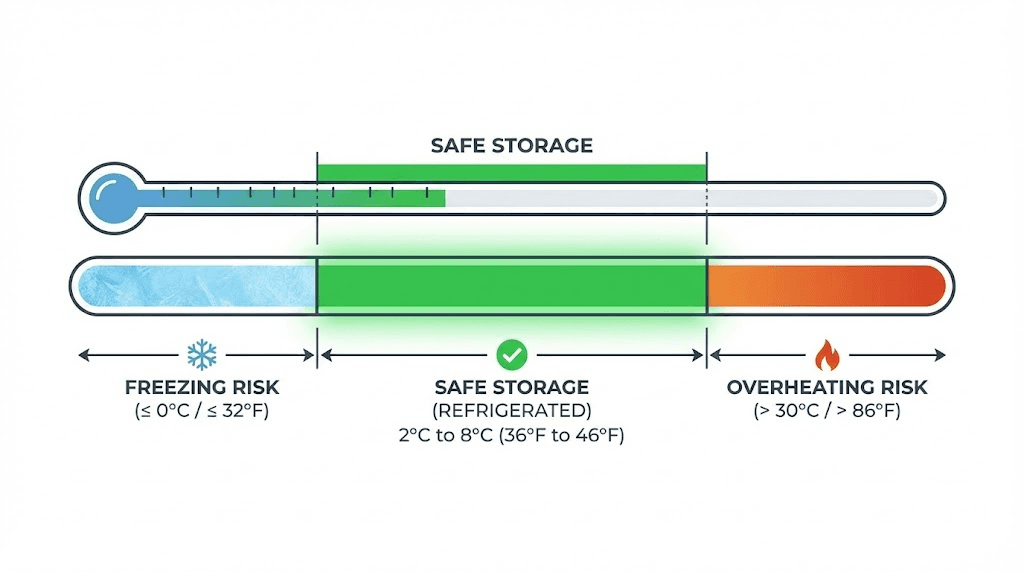 Tirzepatide safe storage temperature range showing freezing and overheating danger zones