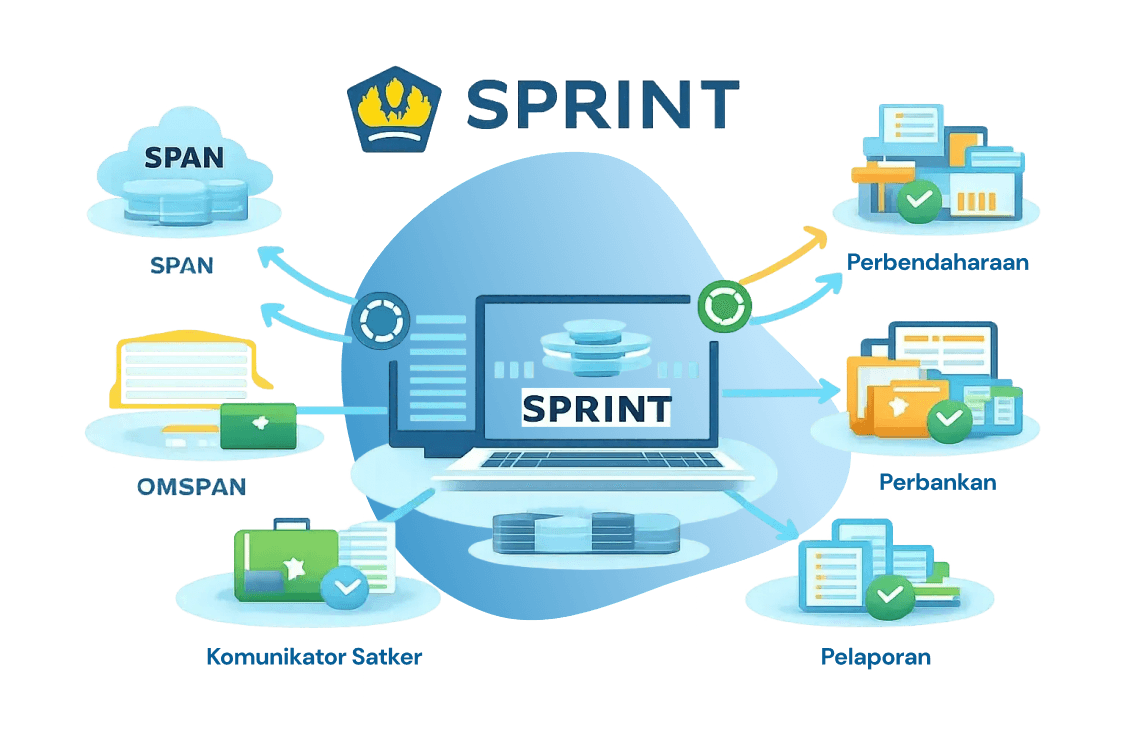 Ilustrasi ini menampilkan ekosistem digital SPRINT sebagai platform pusat yang menghubungkan berbagai sistem keuangan negara, di mana data mengalir dari sumber input seperti SPAN, OMSPAN, dan Komunikator Satker menuju ke unit-unit output terverifikasi (ditandai dengan simbol centang hijau) yang meliputi bidang Perbendaharaan, Perbankan, dan Pelaporan.