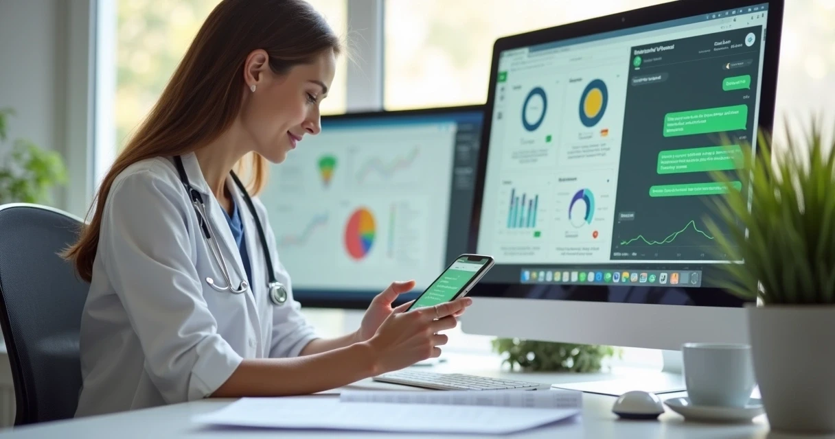 Nutricionista interagindo com paciente pelo WhatsApp no consultório, gráficos de evolução ao fundo. 