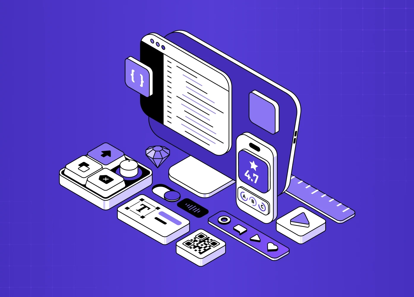 An isometric illustration featuring various interface elements like code snippets, mobile screens, buttons, and design tools.