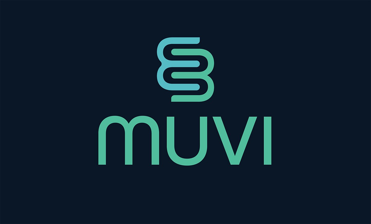 A "MUVI" wordmark and logo on a dark bachground