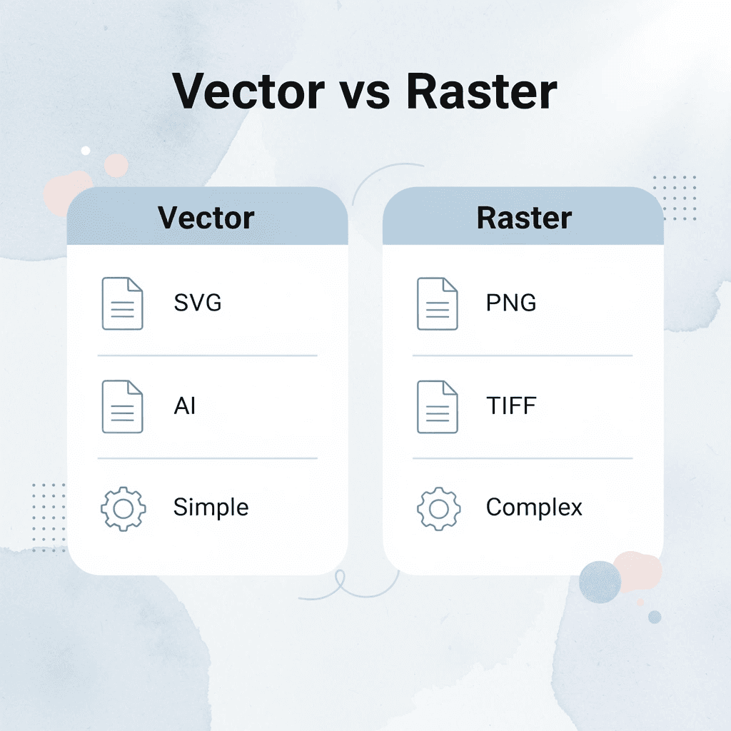 Comparison chart showing vector formats versus raster formats for t-shirt printing