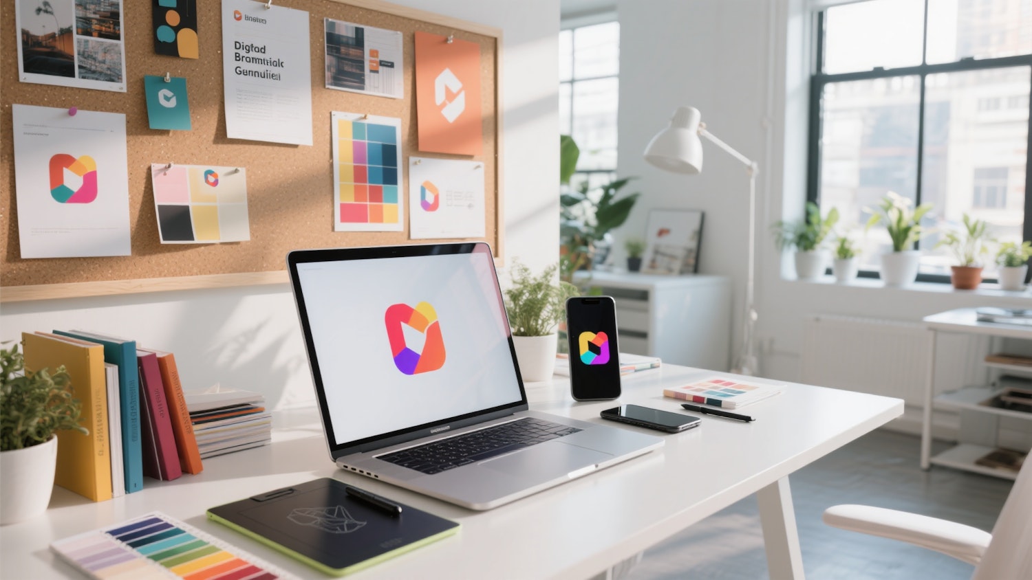 Bright designer's workspace with laptop and phone showing a colorful logo, design mood board, and color palettes.