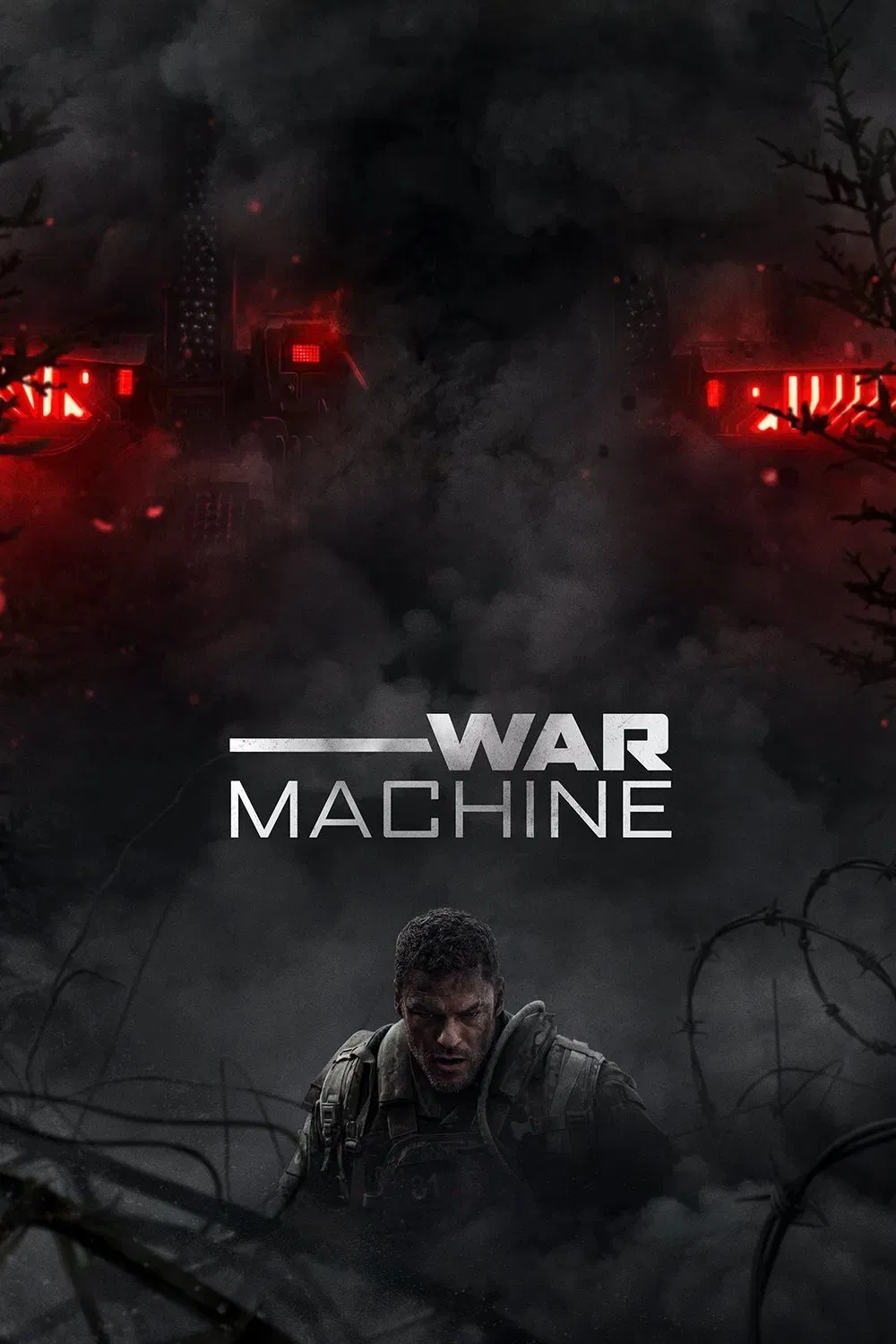 Dark, smoky battlefield scene with a solitary soldier in tactical gear, surrounded by barbed wire, and ominous red-lit structures in the background; text reads "War Machine."