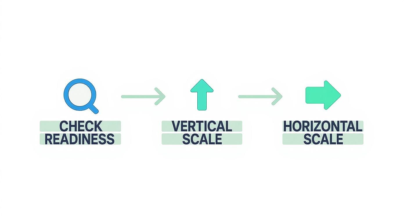 Infographic illustrating a three-step scaling process: Check Readiness, Vertical Scale, Horizontal Scale.