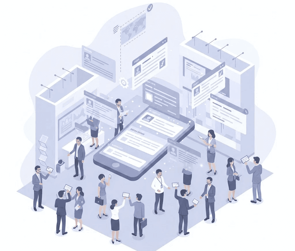 Mobile App Business Card and Digital Business Card app used at a global trade show, showing multilingual business card OCR and smart lead capture with the Habsy business card manager.
