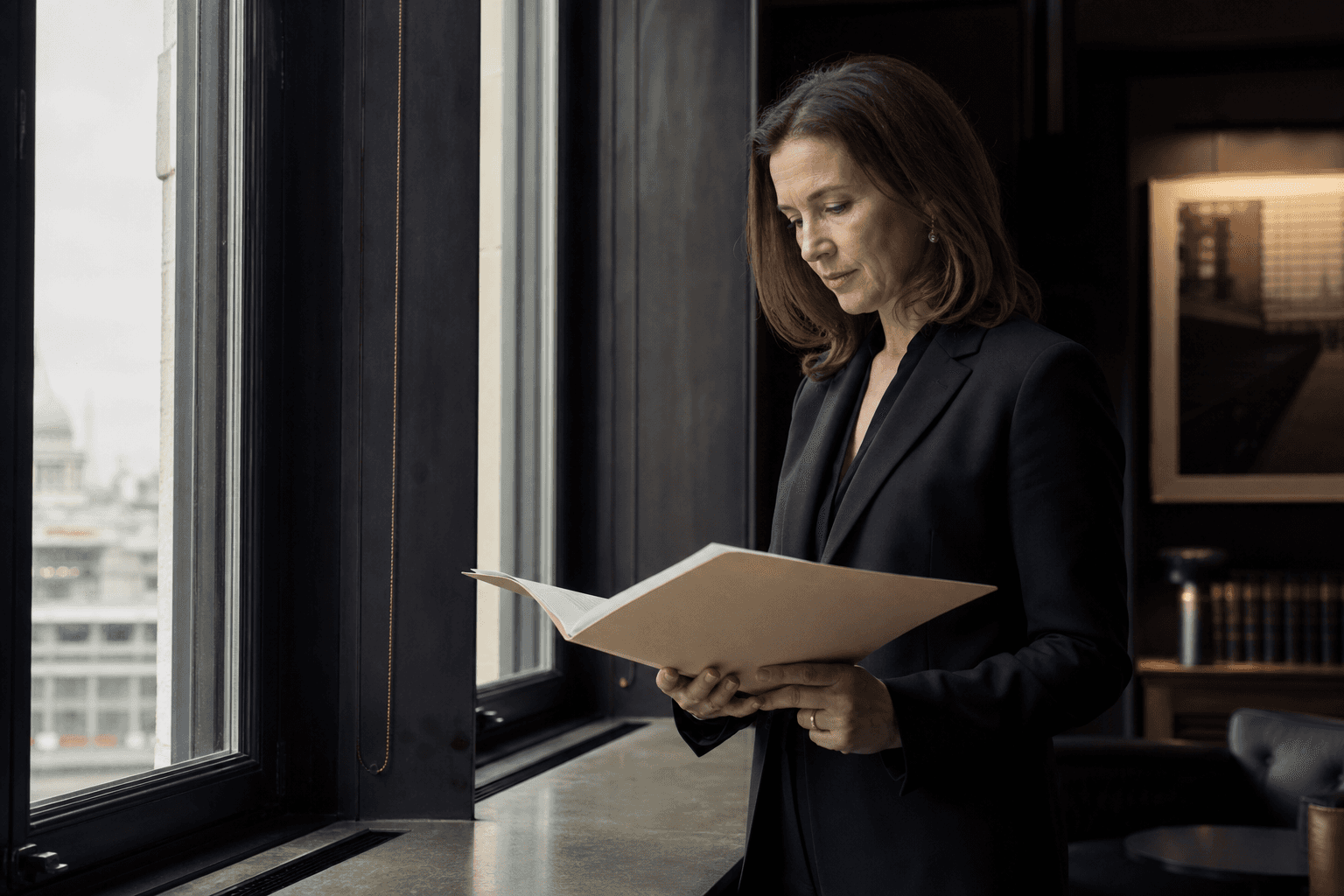 Fictional senior disputes counsel reviewing a case file in a London office