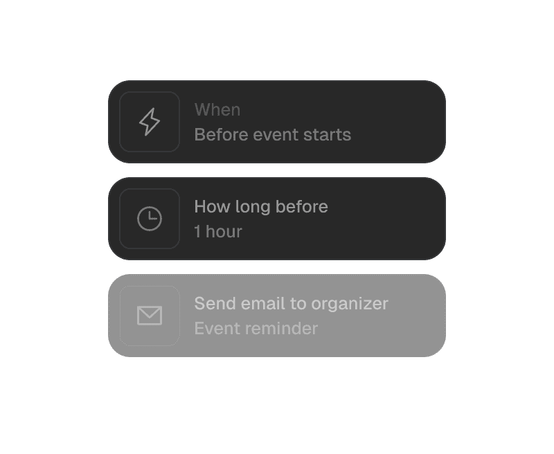  A black phone showing the message "when before event starts" prominently.