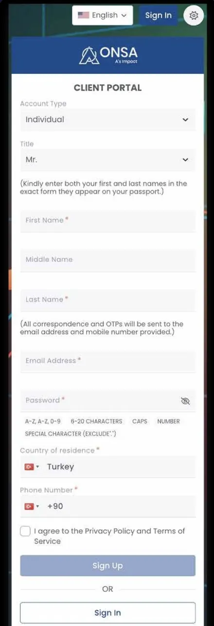 The OnsaFX sign up form