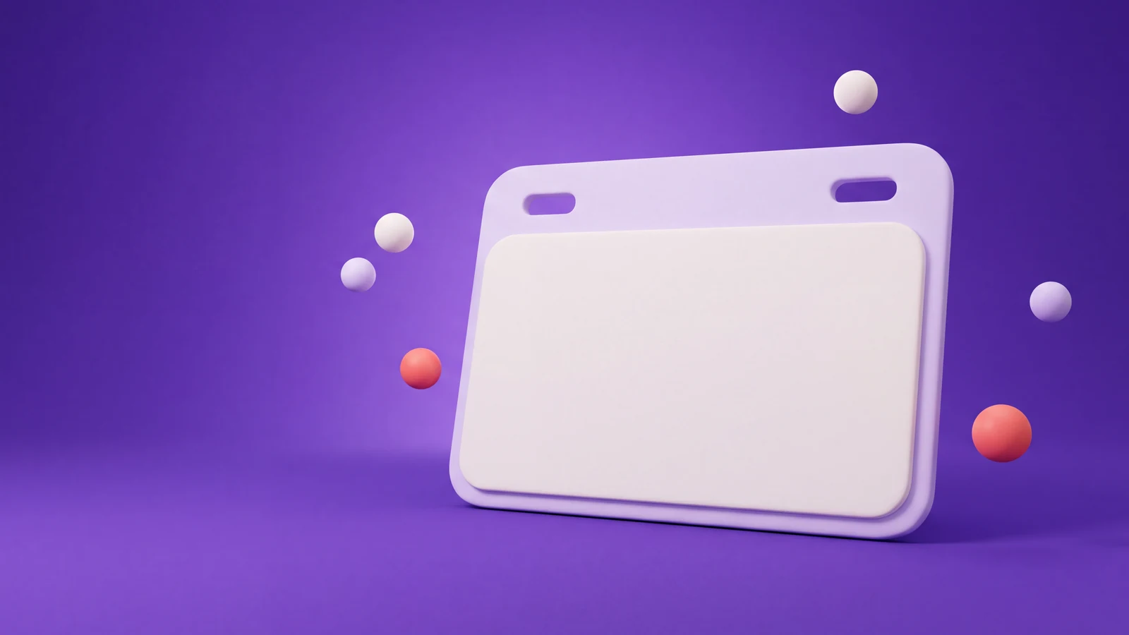 Abstract 3D illustration of a single rounded landscape plaque with two slots near its top edge, floating on a plain violet background, with four small spheres around it.