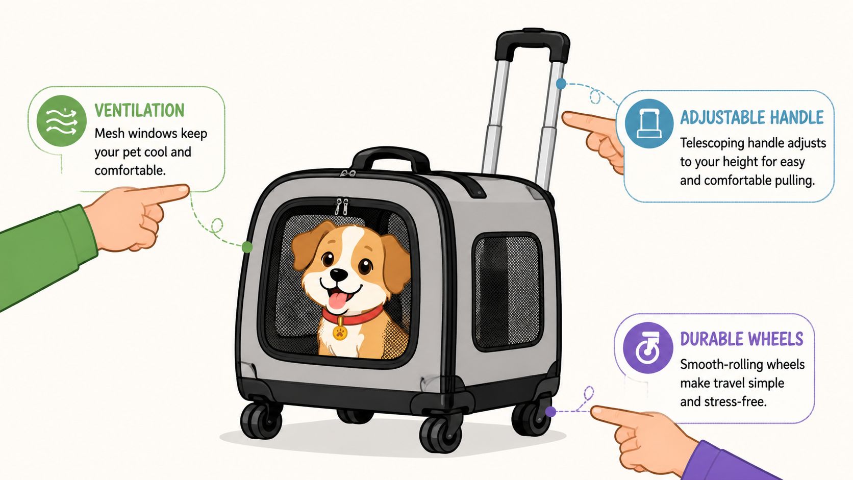 A light grey pet carrier on wheels with a cute puppy inside and labeled product features.