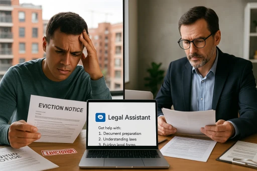 Tenant and landlord reviewing eviction documents with help from an AI assistant.