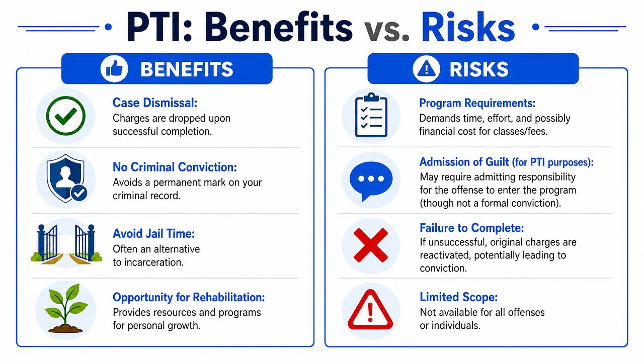 A comparison chart outlining the key benefits and potential risks of participating in a pretrial intervention program.
