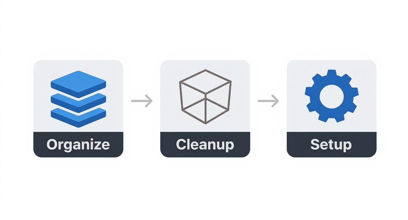 Process diagram illustrating a workflow with Organize (stacked layers), Cleanup (wireframe cube), and Setup (gear) steps.