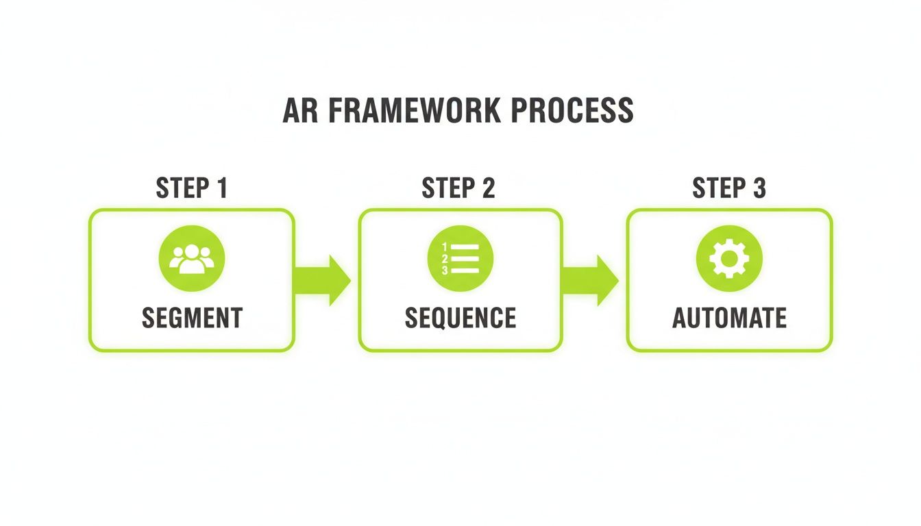 An AR framework process flowchart illustrating three steps: Segment, Sequence, and Automate, with corresponding icons.