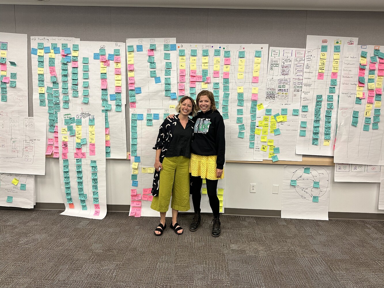 Two smiling workshop facilitators, Allie Ofisher and Sophia Prater, stand together in front of a wall covered with large OOUX workshop maps, sketches, and hundreds of color-coded sticky notes created during a collaborative design sprint.