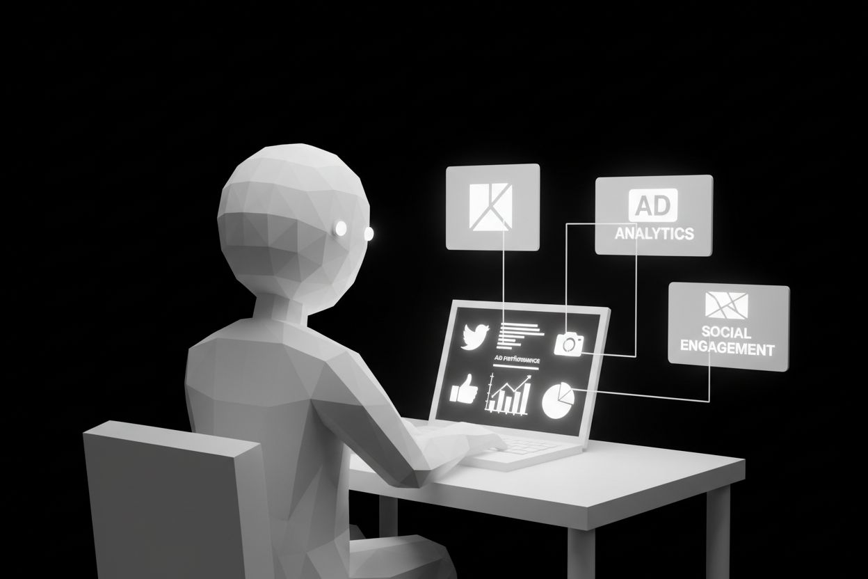 A marketer planning campaigns on a laptop with social media and ad dashboards