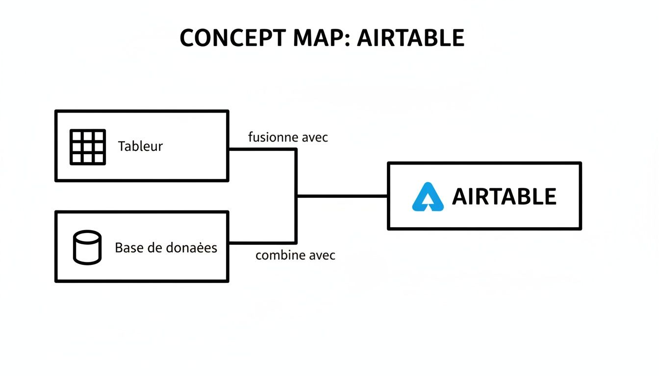 Carte conceptuelle expliquant qu'Airtable fusionne les fonctionnalités d'un tableur et d'une base de données.