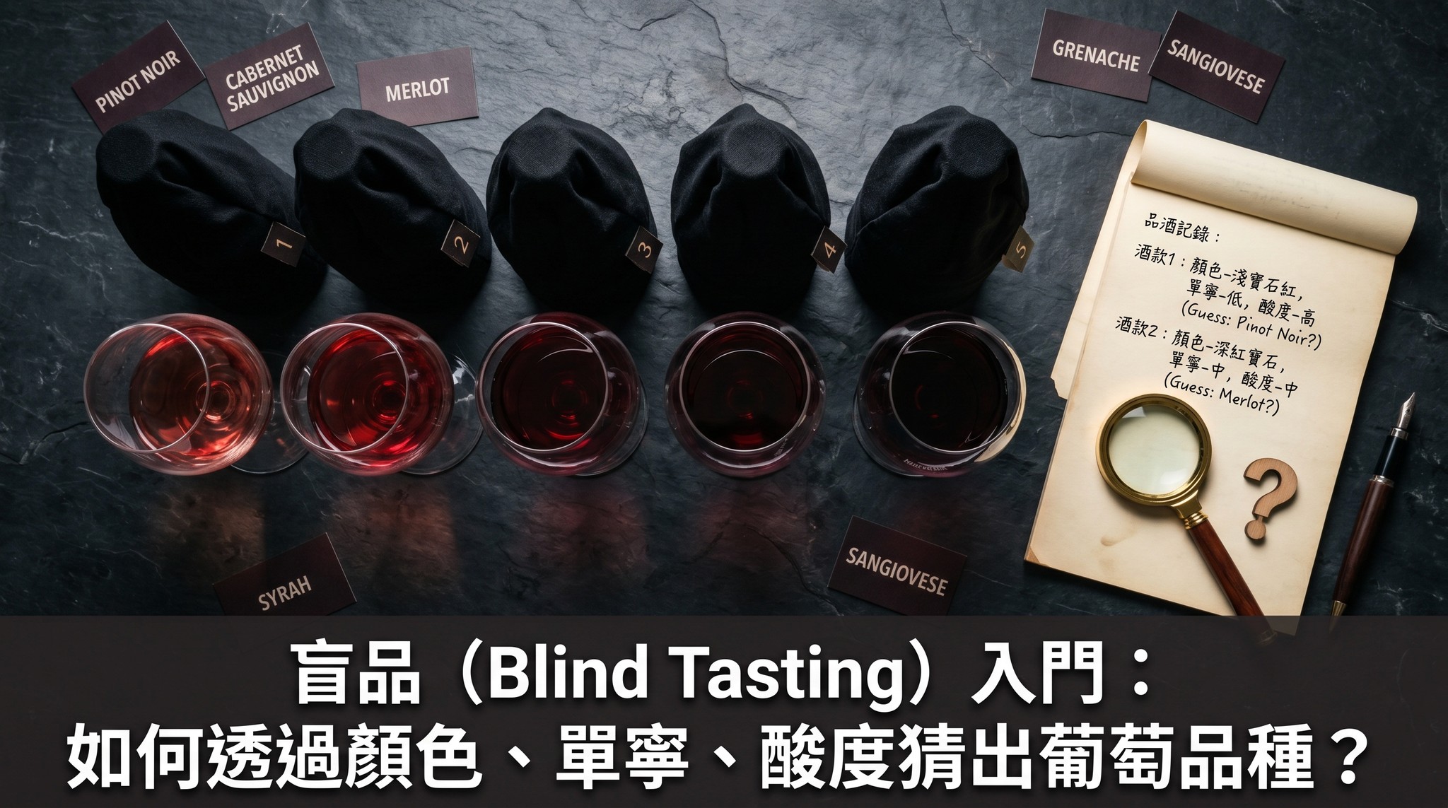 盲品（Blind Tasting）入門：如何透過顏色、單寧、酸度猜出葡萄品種？