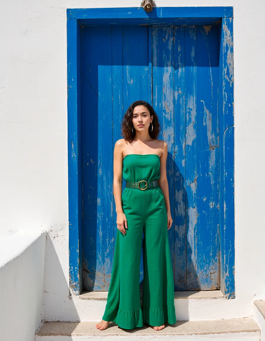 Bright emerald green jumpsuit contrasted against a weathered blue wooden door, creating a striking Mediterranean aesthetic in bright sunlight.