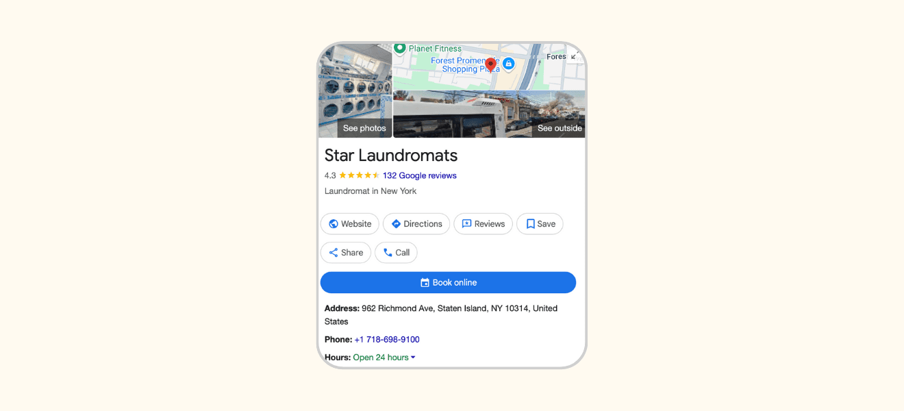 Google Business Profile for Star Laundromats showing 132 Google reviews and 24-hour service in Staten Island, essential example of laundromat local SEO optimization.